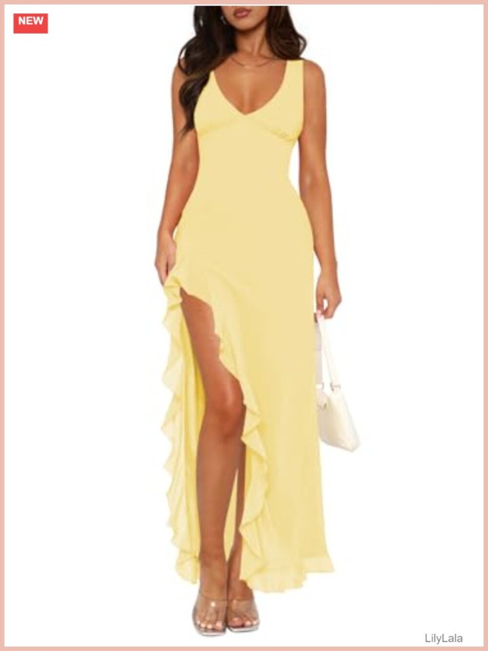 Women Sexy Mesh Maxi Dress Deep V-Neck Backless High Slit Formal Wedding Guest